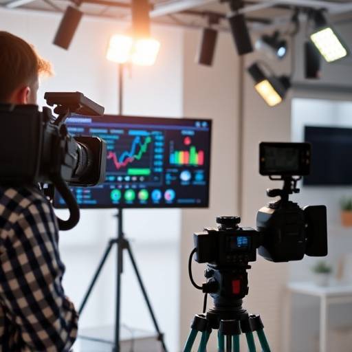A professional presenting data on a screen during a corporate video shoot.