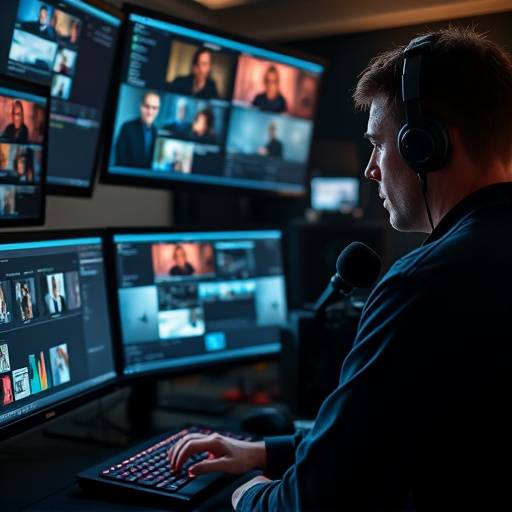 A video editor working on a computer with multiple screens displaying video editing software.