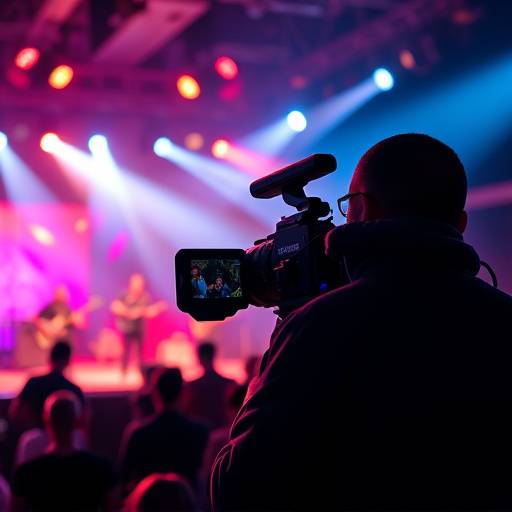 A videographer filming a live music performance at a concert, representing event videography.